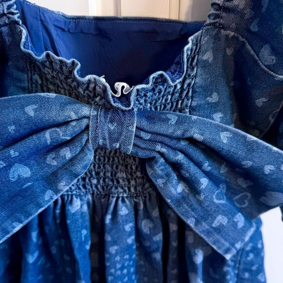 NWT Avec Les Filles puff sleeves baby doll mini dress in denim with heart prints - Picture 10 of 16